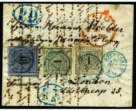 WURTTEMBERG - 1851-52 18k black on slate-violet (SG 9) large margins all round and showing portion of adjoining stamp at righ