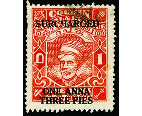 I.F.S. COCHIN - 1943 Maharaja Kerala Varma II, portrait issue, "SURCHARGED/ONE ANNA/THREE PIES'' (type 21) on 1a brown-orange