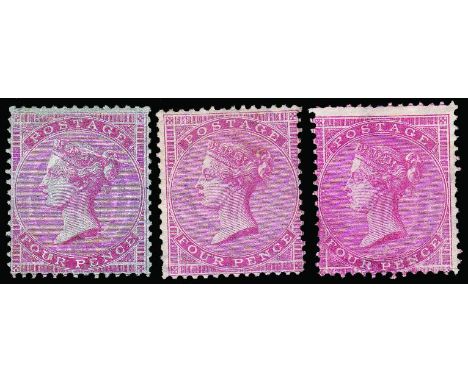 QUEEN VICTORIA - SURFACE PRINTED - 1855-57 Watermark Small Garter, 4d carmine on blue glazed paper (SG 62), Watermark medium 