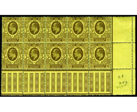 KING EDWARD VII - 1911 Perf 15 x 14 3d purple/lemon (SG 285), right hand marginal block of ten (5 x 2) with central pane marg
