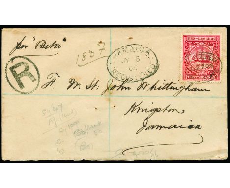 TURKS & CAICOS IS - 1906 June 27 registered envelope to Jamaica, franked with 1900-04 3s lake (SG 109) tied by light oval REG