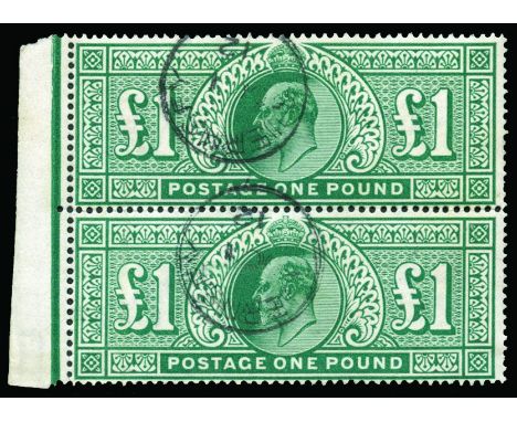 KING EDWARD VII - 1911-13 £1 deep green (SG 320), left marginal vertical pair used by two light Guernsey cds, a couple of sho