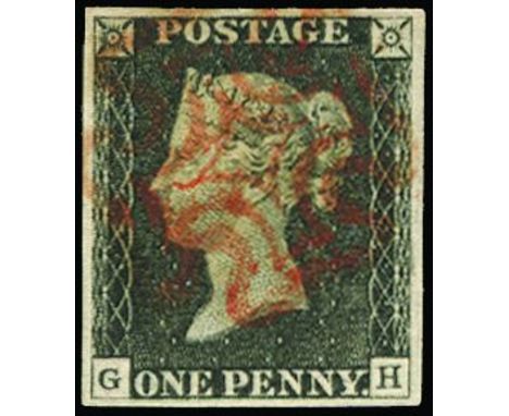 QUEEN VICTORIA - 1840 1d plate 3: GH four large margins, fine used with light almost central strike of red MC, most attractiv