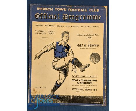 1938 Ipswich Town v Heart of Midlothian Invitation friendly football programme date 5 Mar, age related wear, tears, creases, 
