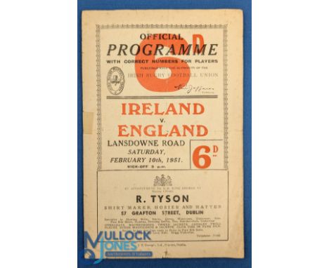 1951 Ireland v England Rugby Programme: From an Irish Championship year, played at Dublin, a little worn, with some magic tap