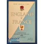 1955 England v France Rugby Programme: Another in the run of diagonal two-tone coloured covers in