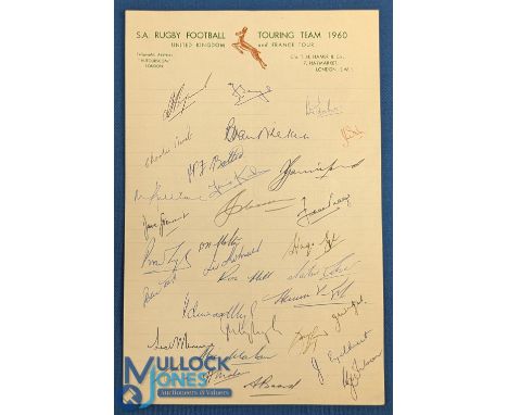 1960-61 SA Rugby Springboks' Official Autograph Sheet: Lovely crisp neat signatures in a variety of inks on official &amp; im