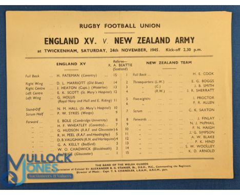 1945 England v NZ Army Rugby Programme: From the so-popular 'Kiwis' tour before leaving for home, the Twickenham match v Engl