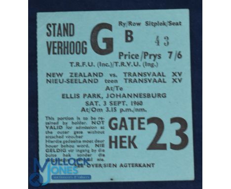 1960 NZ All Blacks Rugby Tour Test Match Ticket: Neat clean blue stand ticket for the 3 Sept Transvaal XV clash at Jo'burg. V