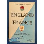 1961 England v France Rugby Programme: Standard England example. G/VG