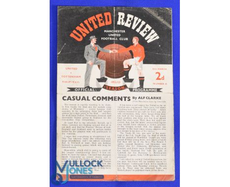 1952/53 Manchester United v Tottenham Hotspur Div 1 football programme 25 Mar, folds, marks to back page