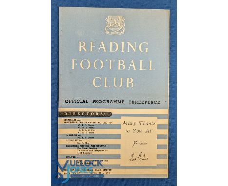 1950/51 Reading v Manchester Utd testimonial (Gulliver/Fisher) match programme 25 April 1951 at Elm Park; very neat pencil te