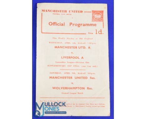1960 Lancashire Supplementary Manchester United 'A' v Liverpool 'A' football programme 6 April, single sheet, fold, kept flat