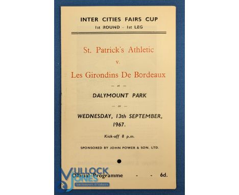 1967/68 Inter Cities Fairs Cup match programme St. Patrick's Athletic v Les Girondins Bordeaux at Dalymount Park, Dublin 13 S