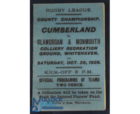 1928 Cumberland R League Programme: v Glamorgan &amp; Monmouth at Colliery Rec, Whitehaven. Lovely fixture-card sized issue, 
