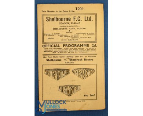 1946/47 Shelbourne v Waterford League of Ireland fold out match programme at Shelbourne Park, Dublin 29th December 1946; fair