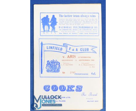 1966/67 Linfield v Aris (Luxembourg) European Cup Winners Cup match programme 14 September 1966; fair/good. (1)
