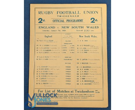 1928 England v NSW Rugby Programme: Changed to portrait-format team page to front of 4pp foldover. VG indeed for the visit of