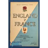 1957 England v France Rugby Programme: Now standard multi-paged, well -illustrated example. G/VG