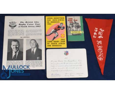 1962 British &amp; I Lions Rugby Article, Itineraries, Card &amp; Pennant (5): Magazine piece w/photos welcoming the Lions, a
