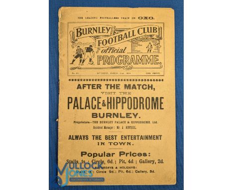 Pre-WW1; 1914 English League v Scottish League at Turf Moor, Burnley, 21 March 1914 match programme; spine part split, age we