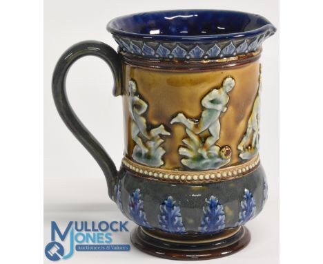 Victorian Royal Doulton Ceramic Rugby Jug: Classic design with several colours and with rugby players in raised relief. VG