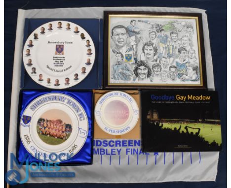 Shrewsbury Town Football Collectables: a mixed lot to include enamel football badges, keyring 1996 final flag, Last Day at Ga