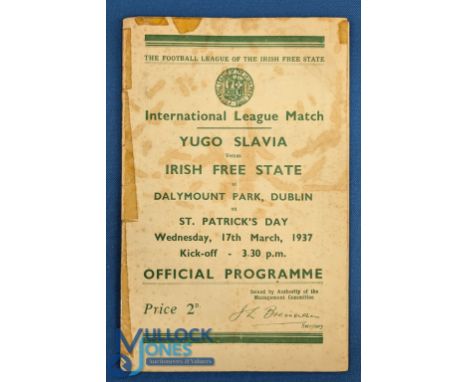 Pre-War 1937 international league match programme Irish Free State v Yugoslavia at Dalymount Park, St Patrick's Day 17 March 