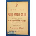 Scarce 1957 France v Wales Rugby Programme: A tad browned to spine, splitting there and slight
