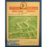 1947 England v France Rugby Programme: Usual Twickenham 4pp card. G/VG