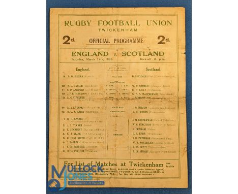 1928 England v Scotland Rugby Programme: Very well worn, grubby, neatly taped but collectable, Calcutta Cup 'survivor' from 1