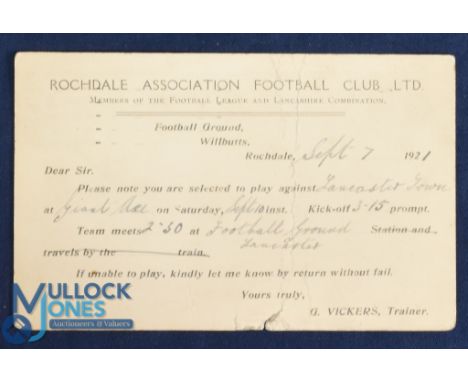 1921 Rochdale AFC Ltd player selection card for the away match v Lancaster Town at Giant Axe Saturday 10 September kick-off 3