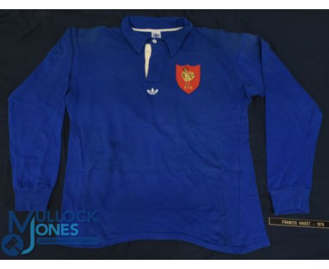 1979 Francis Haget's Match worn France Rugby Jersey: The great lock's large, deep blue jersey, Adidas logo centrally to breas