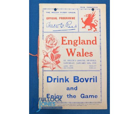 1932 Wales v England Rugby Programme: VIP version, unbound but with red ribbon at staples. G