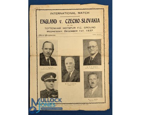 1937 England v Czechoslovakia international match programme at Tottenham Hotspur 1st December 1937, 4 pager, centre fold, sma