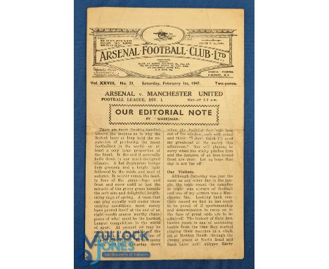 1946/47 Arsenal v Manchester Utd Div. 1 match programme 4 pages, 1st February 1947; score, light crease, overall fair. (1)
