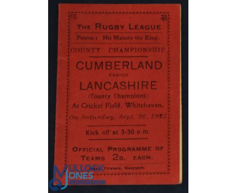 1925 Cumberland R League Programme: Lovely fixture-card sized issue, rarely-seen, v Lancashire at Whitehaven. VG