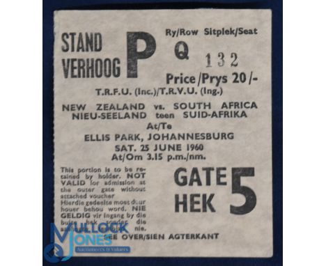 1960 NZ All Blacks Rugby Tour Test Match Ticket: Stand ticket for the 25/06/60 test at Ellis Park, Jo'burg. VG