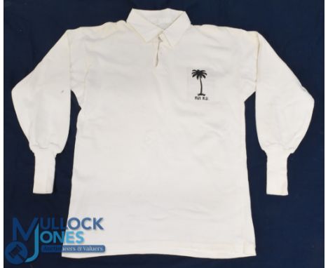 1974 Fiji Match-Prepared Rugby Jersey: Simple white with black palm tree motif and 'Fiji RU' to breast patch. Large black 22 