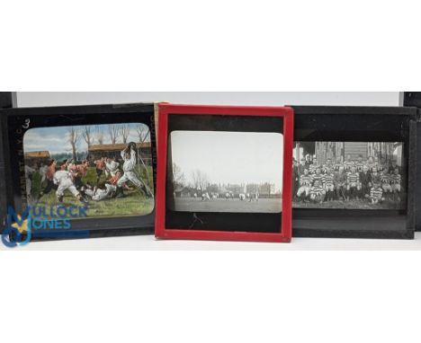 Rugby &amp; Soccer Magic Lantern Slides (3): Old glass 'positives' slides, approx 10cm x 8cm, two b/w with old unidentified r