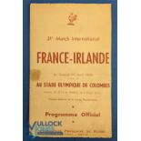 Scarce 1958 France v Ireland Rugby Programme: Slightly trimmed, small spine tape and scores. F/G