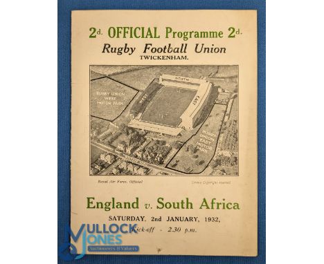 1932 England v S Africa Rugby Programme: The newer-style issue with aerial Twickers picture was again used for the visit of t
