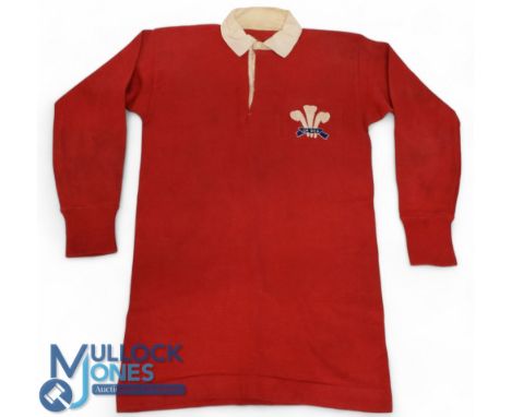 c1950s Wales Schoolboys Match worn Rugby Jersey: Lovely clean, cared-for example, scarlet with the classic old three feathers