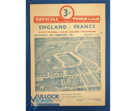 1951 England v France Rugby Programme: Last of the old-style 4pp card English issues. G/VG 