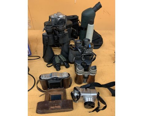 FIVE PAIRS OF BINOCCULARS ONE BEING A VINTAGE LEATHERED EXAMPLE, A VINTAGE NETTAR CAMERA, A PANASONIC LUMIX DIGITAL CAMERA, A