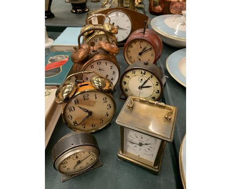 EIGHT EXAMPLES OF VINTAGE AND RETRO ALARM CLOCKS TO ALSO INCLUDE A 'BAYARD, PARIS' EIGHT DAY CARRIAGE CLOCK 