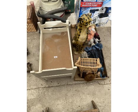 A DOLLS COT, AN ASSORTMENT OF DOOLS AND CERAMIC LEOPARD 