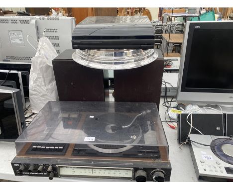 A VINTAGE DOLBY SYSTEM RECORD PLAYER, A PAIR OF SPEAKERS, A KENWOOD RECORD PLAYER AND A CAKE STAND 