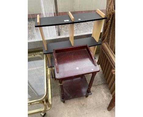 A MODERN THREE TIER OPEN DISPLAY SHELF AND A TELEPHONE TABLE 