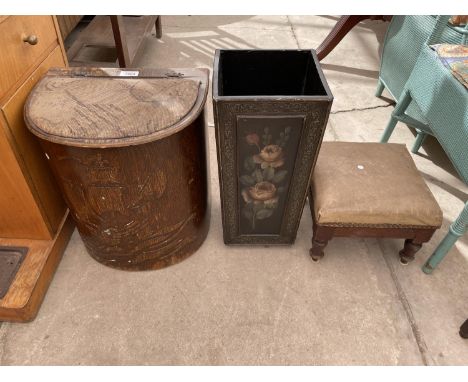 A 1950'S OTTOMAN/STOOL, LOW STOOL ON TURNED LEGS, EMBOSSED STICK STAND WITH FLORAL PANELS 